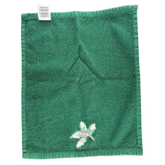 Holiday Christmas Hand Towel Green Red Holly Embroidered Kitchen Decor - Picture 3 of 3